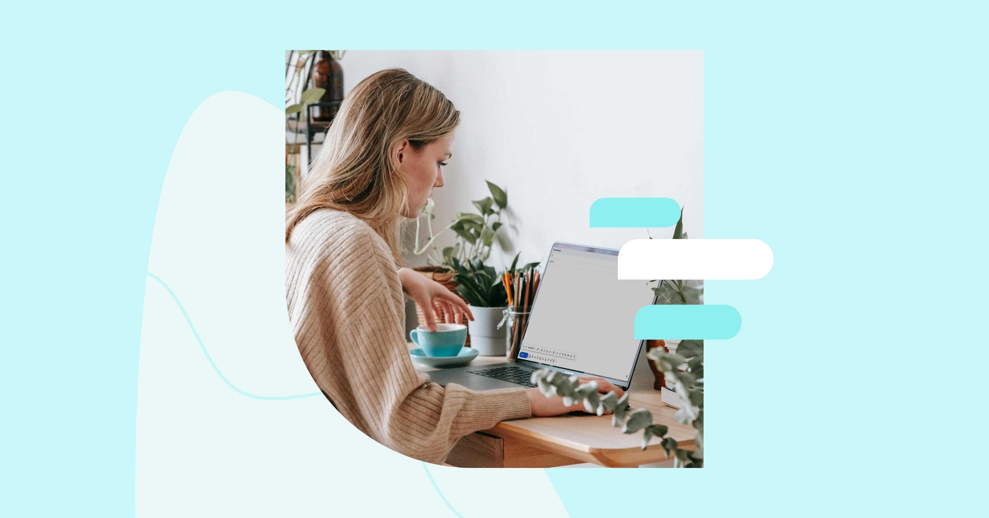 Blonde woman working on email marketing strategies on her laptop in a cozy home environment