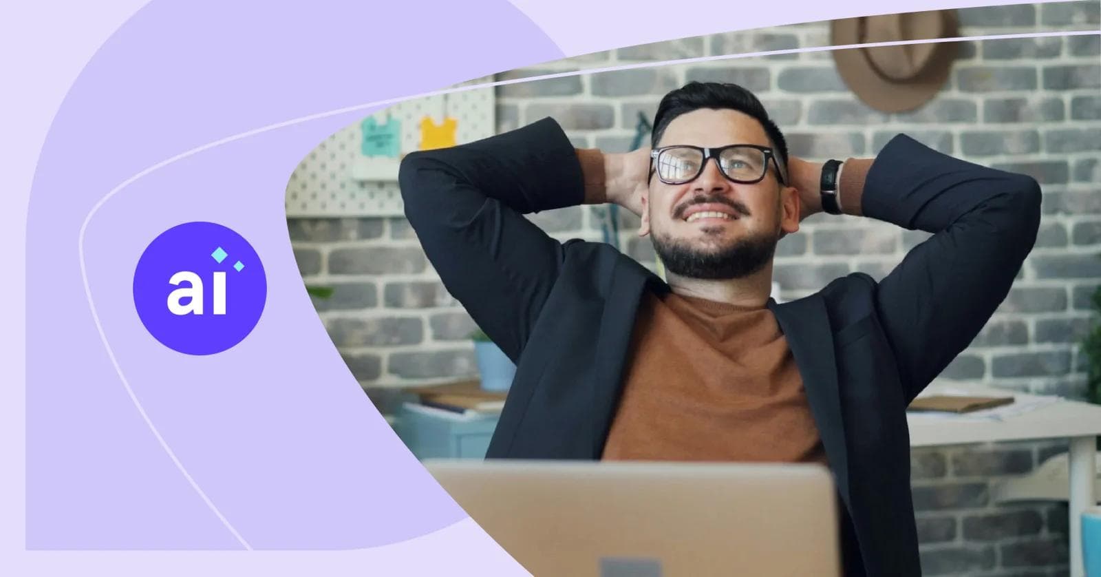 A man in a stylish office leans back in his chair with a satisfied smile, looking relaxed and confident. The modern workspace features a brick wall, indoor plants, and a laptop on the desk, suggesting productivity and creativity. This image is ideal for illustrating the ease and benefits of AI copywriting tools available for free.