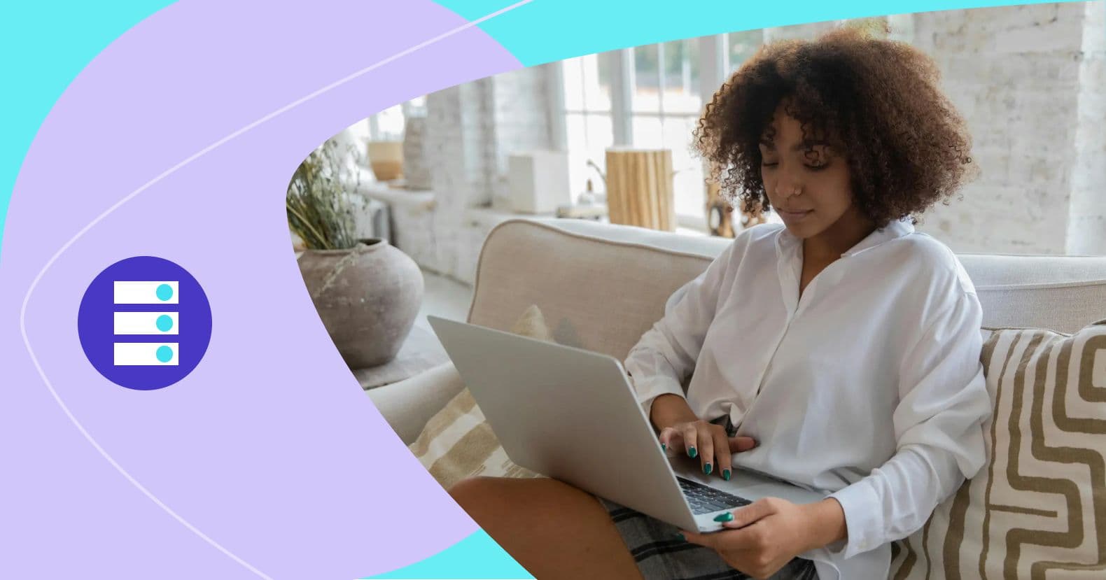  a person sitting on a light-colored sofa, working on a laptop in a bright, airy living space. This comfortable setting is ideal for researching or engaging with "lead generation companies" to boost business opportunities.