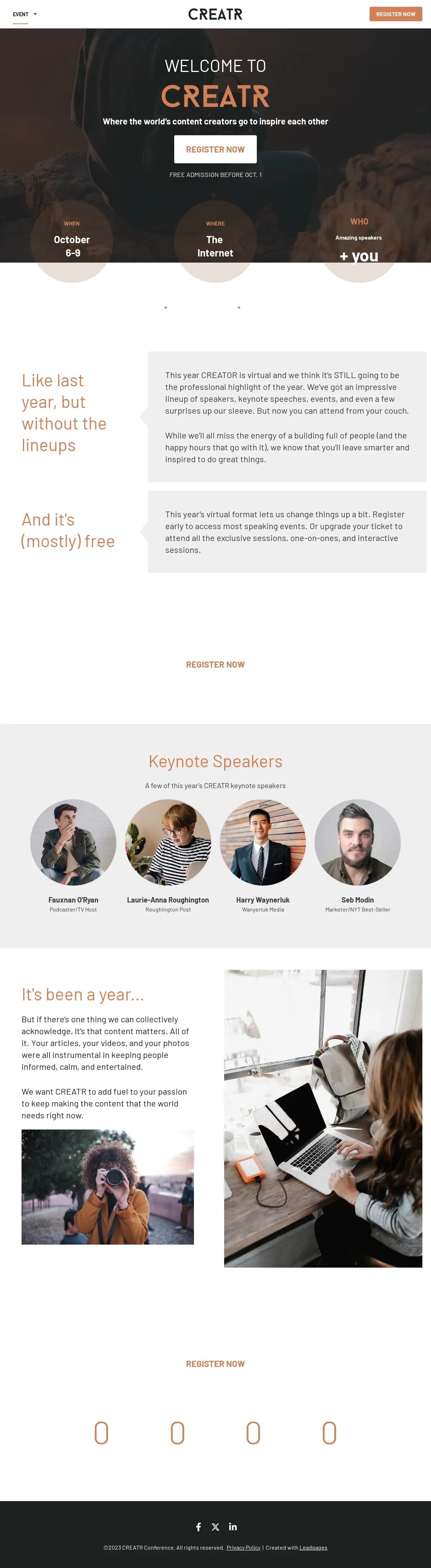 CREATR Virtual Conference website template by Leadpages