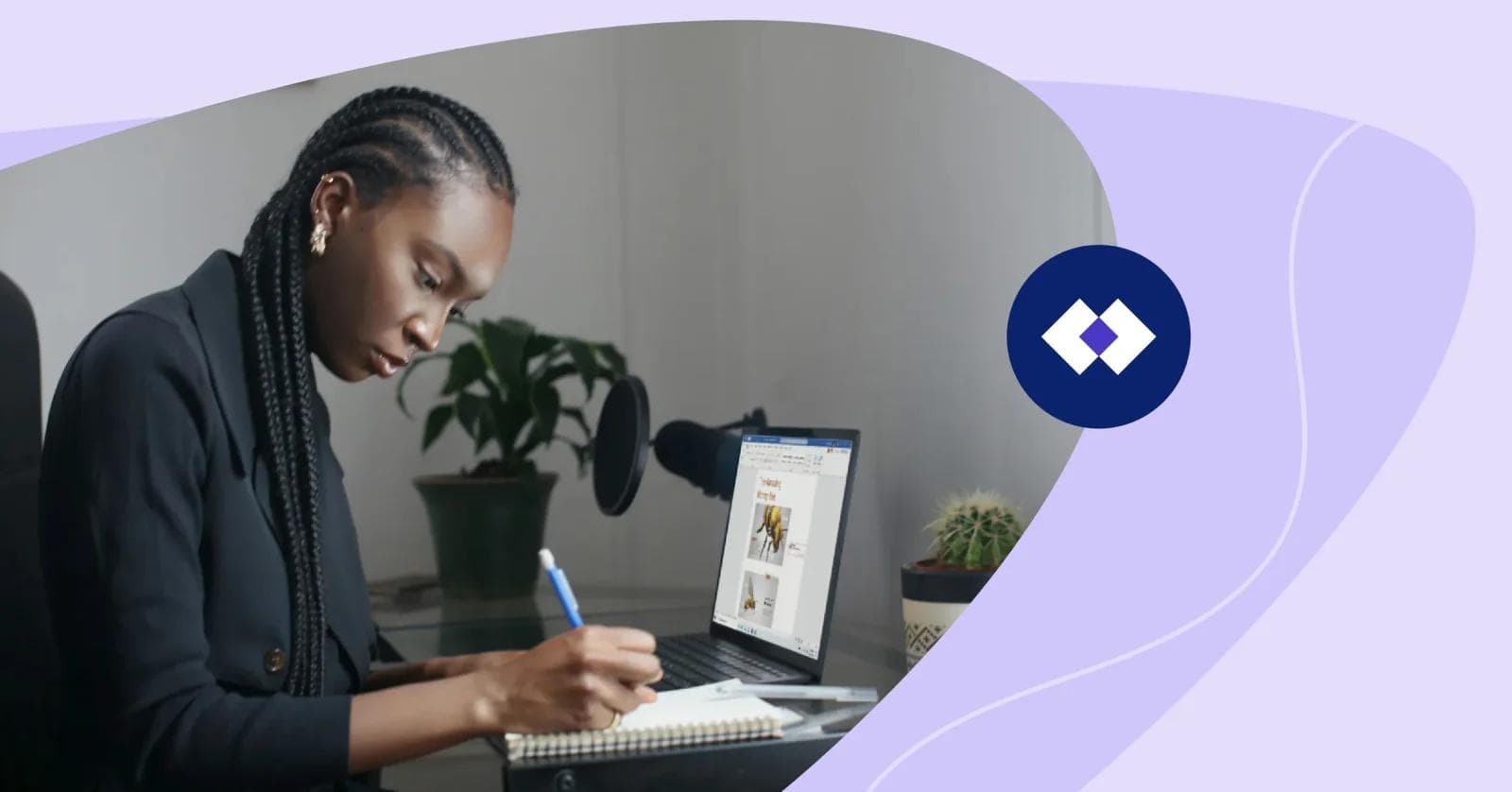 A focused woman working at her desk, writing in a notebook while looking at her laptop screen, which displays a document. The workspace is adorned with indoor plants, including a cactus, and a microphone is visible, suggesting a professional and creative environment. This image is ideal for illustrating the use of AI copywriting tools in a modern workspace.