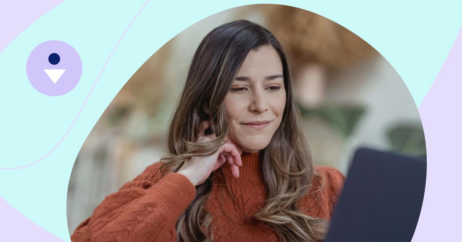 A woman in an orange sweater, thoughtfully working on her laptop, with a relaxed and focused expression. Perfect for an influencer marketing hub, representing the strategic and creative aspects of online influence and brand collaboration.