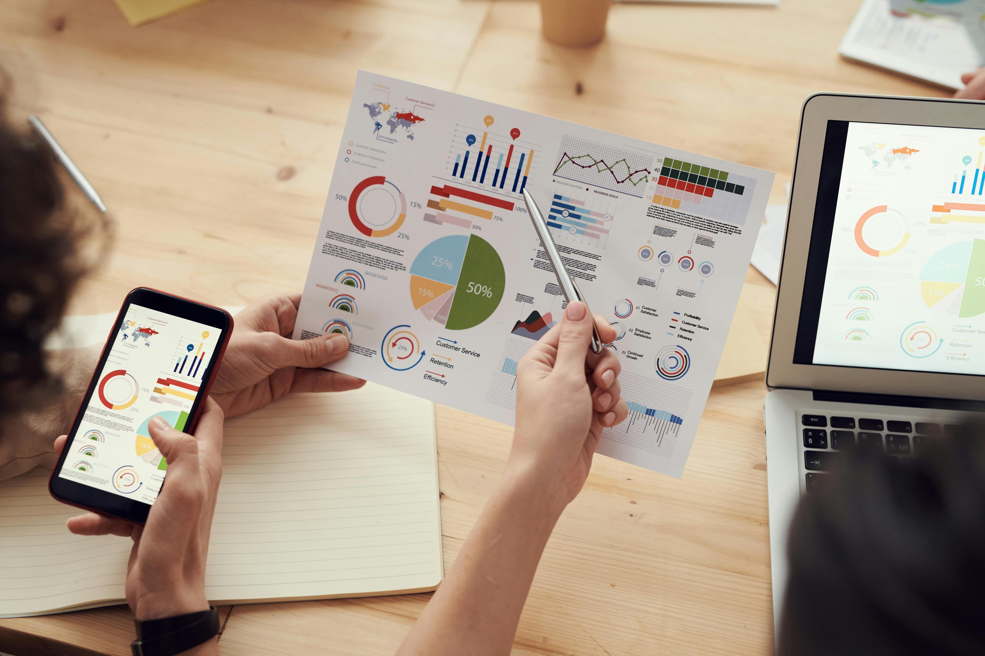 Close-up of hands reviewing colorful data charts and graphs on paper and digital screens, analyzing market insights. This conveys B2B keyword research through data-driven decision-making.