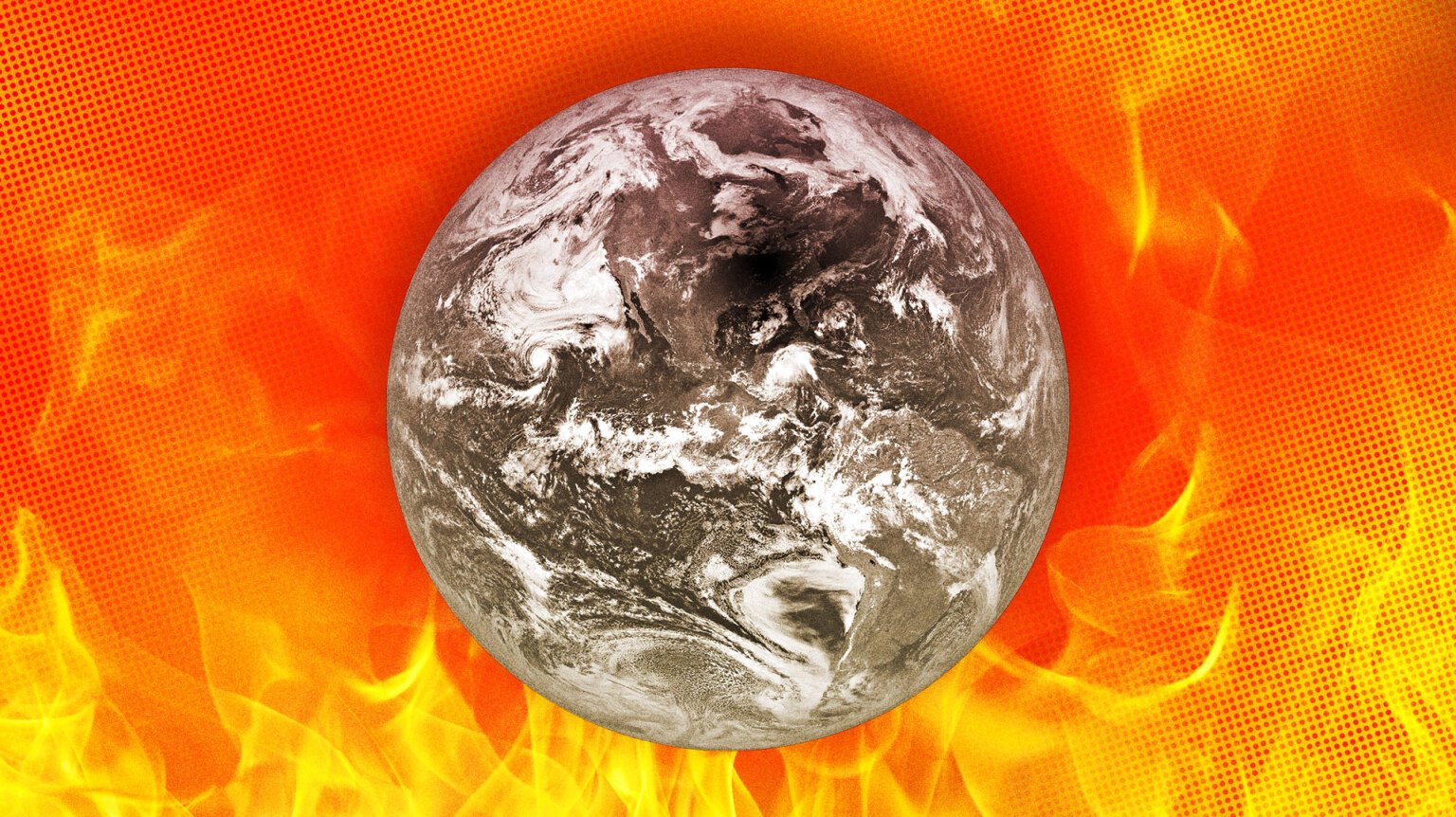 A black and white Earth with a fire background.