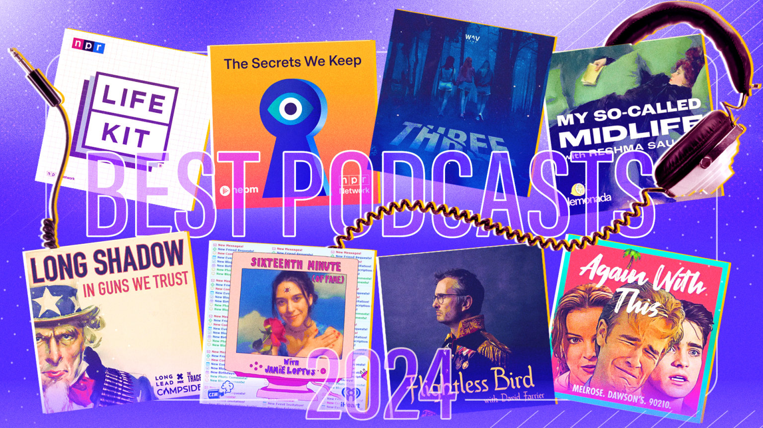 Composite of posters from some of 2024's best podcasts, including "Flightless Bird," "Again with this," and "My So-Called Midlife."