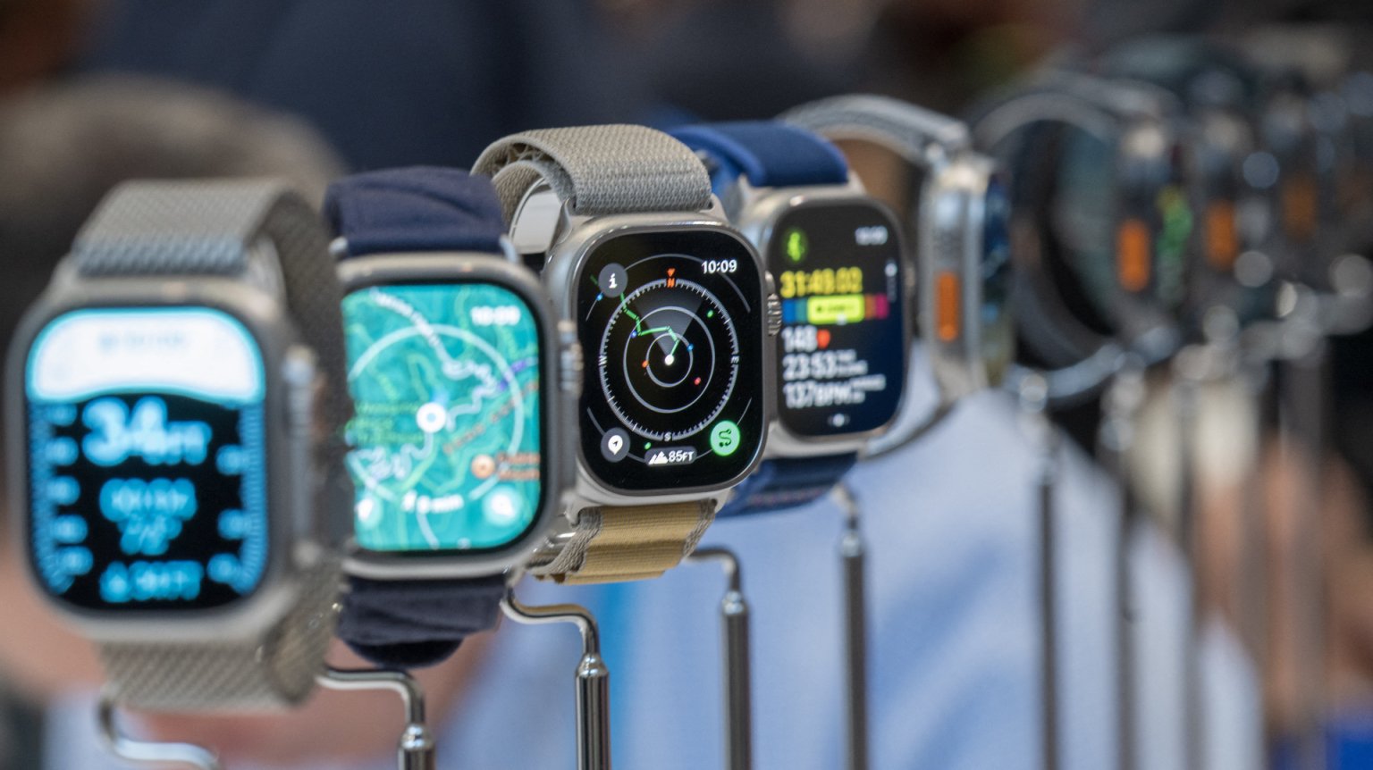 A row of Apple Watch Ultra 2 devices.