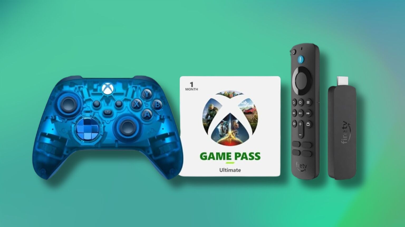 sky cipher xbox controller on the left, a one month game pass ultimate voucher in the middle, and a fire tv stick 4k on the right on a green background