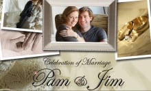 A screenshot of Jim Halpert and Pam Beesly's wedding website homepage from "The Office." It features an engagement photo of them surrounded by three wedding-related stock photos and reads "Celebration of Marriage Pam & Jim."