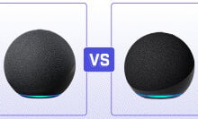 echo and echo dot speaker facing each other with vs. between them