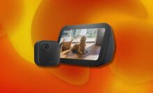 a blink outdoor 4 camera and an echo show 5 on an orange background