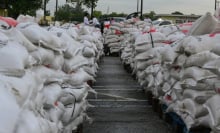 sandbags stacked in preparation for hurricane milton