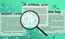 The image shows a stylized newspaper article with economic headlines, including phrases like "Boom Times" and "Lie Ahead, Economists Say." A magnifying glass zooms in on blurred text, with digital pixelation suggesting data analysis or AI involvement. The background is a grid with floating pixels, reinforcing the digital theme.