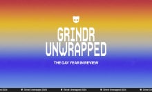 grindr logo and text "grindr unwrapped, the gay year in review" in front of a rainbow background