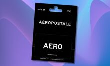 $50 aeropostale gift card angled on a light blue and purple wavy background