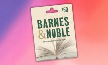 $50 barnes and noble gift card angled on a purple, pink, and orange gradient background