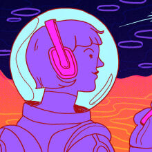 A woman astronaut listens to a podcast out in space.