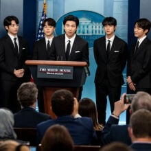 Members of the South Korean pop group BTS or Bantam Boys, (L to R) V (Kim Taehyung), JK (Jeon Jungkook), Jimin (Park Ji-min), RM Rap Monster (Kim Namjoon), Jin (Kim Seok-jin), J-Hope (Jung Ho-seok) and Suga (Min Yoongi) speak at the daily press briefing at the White House, on Tuesday, May 31, 2022 in Washington, DC.