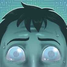 Cartoon version of a man sweating, with panicked eyes, with a maze behind him.