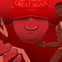 blushing man in MAGA hat holds two dolls of a white woman in a bikini top and a black man wearing a tank top, chain and earring