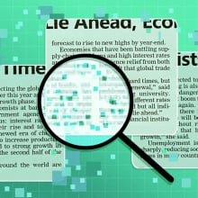 The image shows a stylized newspaper article with economic headlines, including phrases like "Boom Times" and "Lie Ahead, Economists Say." A magnifying glass zooms in on blurred text, with digital pixelation suggesting data analysis or AI involvement. The background is a grid with floating pixels, reinforcing the digital theme.