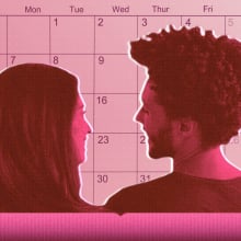 Couple looking at each other with calendar in the background