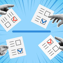 An illustration of anonymous hands holding out ballots.