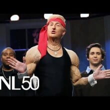 snl cast member james austin johnson as a jacked donald trump in front of other cast members on stage during the cold open