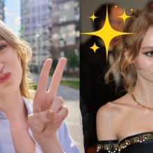 A woman throwing up a peace sign next to Lily-Rose Depp