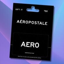 $50 aeropostale gift card angled on a light blue and purple wavy background