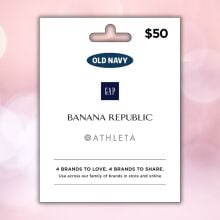 a $50 gap multibrand gift card on a pink circular background