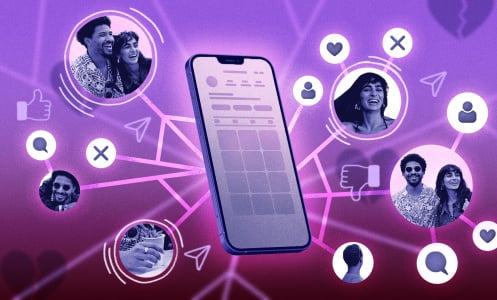 smartphone with algorithm threads pointing out of it with photos of a couple and single people