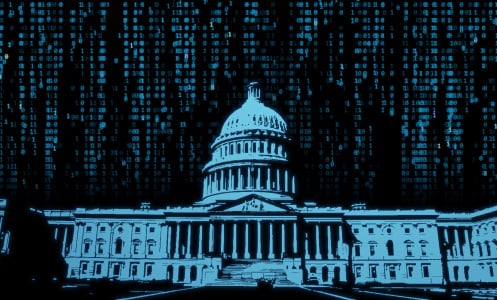 An illustration of the US Capitol building rendered alongside blue and black lines of code. 