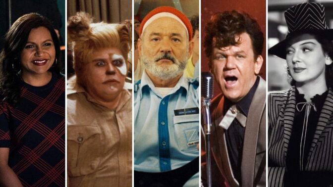 Composite image: John Candy in Spaceballs, John C Reilly in Walk Hard, and Mindy Kaling in Late Night,, Rosalind Russell in His Girl Friday, Bill Murray in The Life Aquatic