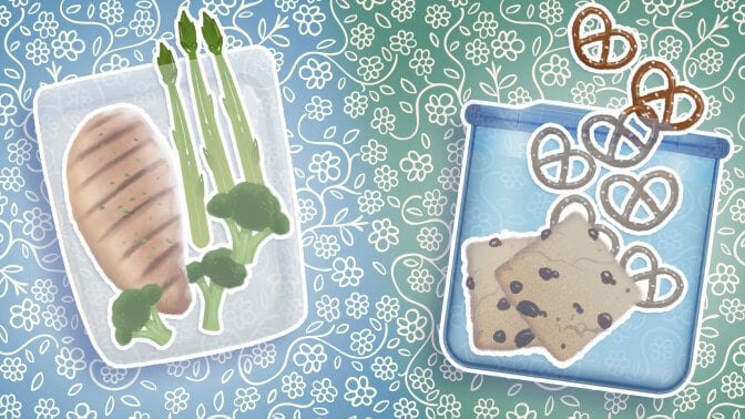 side by side illustrations of a stasher bag containing chicken, asparagus, and broccoli florets and a ziploc endurables bag filled with cookies and pretzels