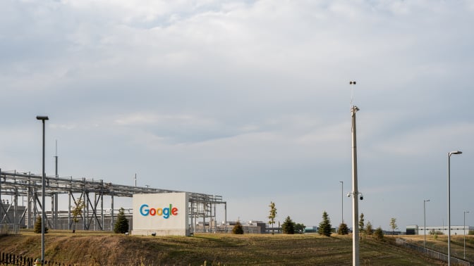 A Google sign outside a Nebraska data center. 