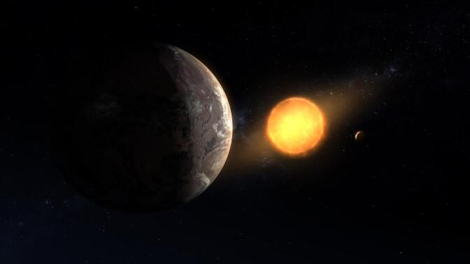 An artist's interpretation of an exoplanet orbiting a red dwarf star.