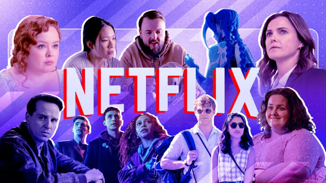 A collage of images from the best Netflix shows of the year, around the Netflix logo.