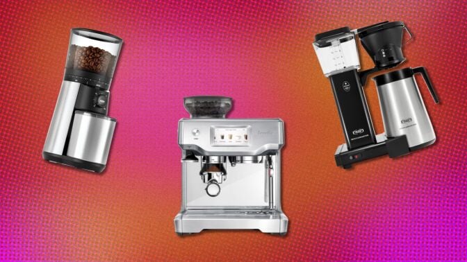 an OXO coffee grinder, Breville espresso makers, and Moccamaster coffee maker on a pink background