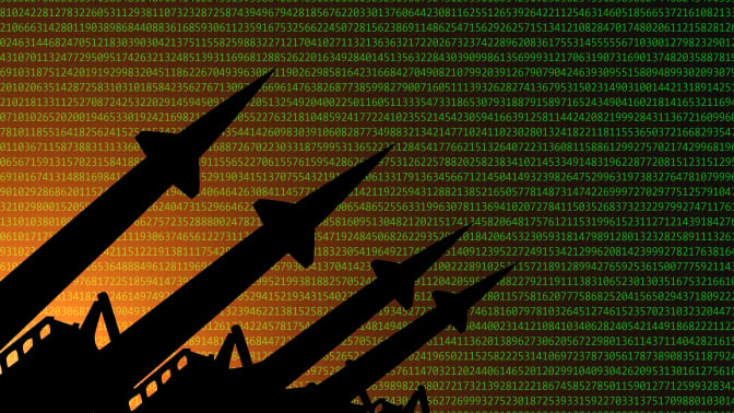 A row of missiles in front of a background filed with lines of computer code. 