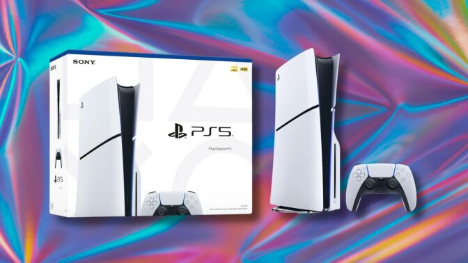 playstation 5 slim console box on the left and the console and controller on the right against a pink and blue metallic background