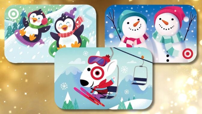 three target gift cards layered on a gold background: starting from the left is a card with two penguins sledding, top right has two snowmen waving, and in the middle is bullseye the target dog skiing