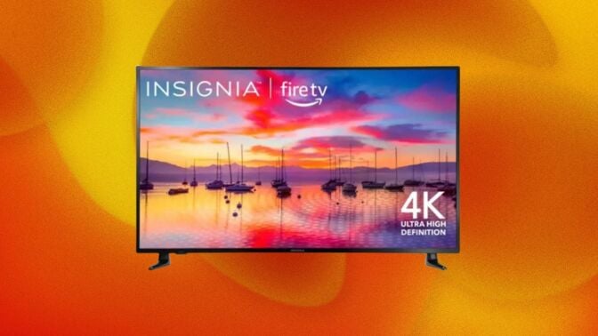 An Insignia 55-inch smart TV appears on an orange swirly background with a photo of ships on its screen.