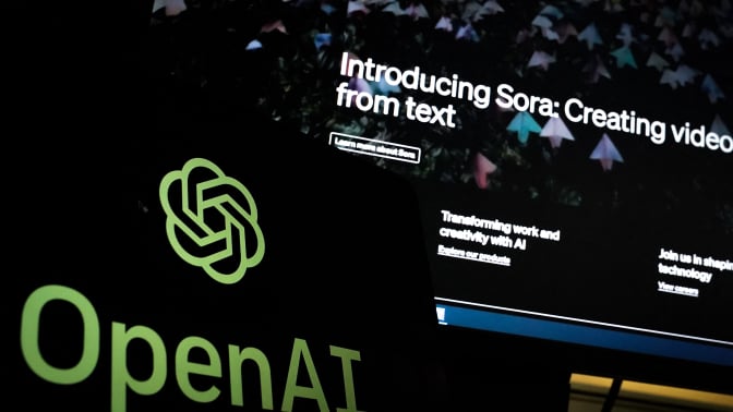 openai logo in front of screen showing sora webpage