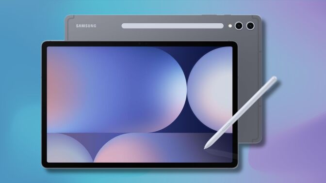 a samsung galaxy tab s10 plus tablet with a pen on a light blue and purple gradient background