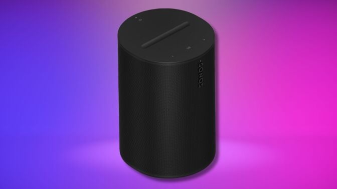 a black sonos era 100 speaker on a purple and pink gradient background