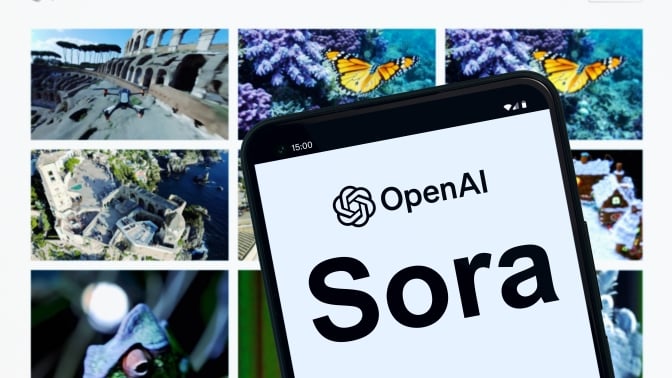 Sora OpenAI logo in front of Sora homepage showing ai-generated videos