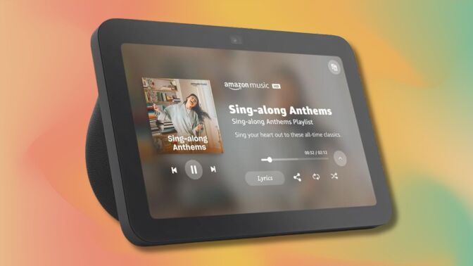 charcoal amazon echo show 8 on a red, yellow, and green gradient background