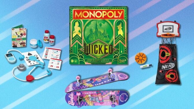 toys and games on a blue background including a melissa & doug play set, a monopoly game, nerf set, and skateboard