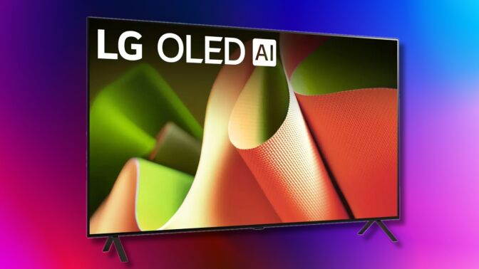 48-inch lg b4 tv angled on a pink and blue background