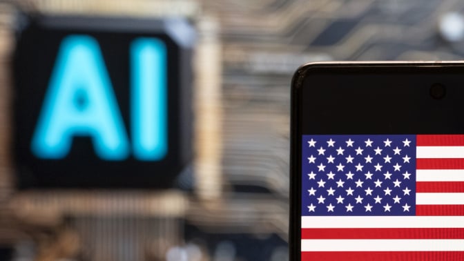 A phone showing an American flag in front of a glowing sign that says AI.